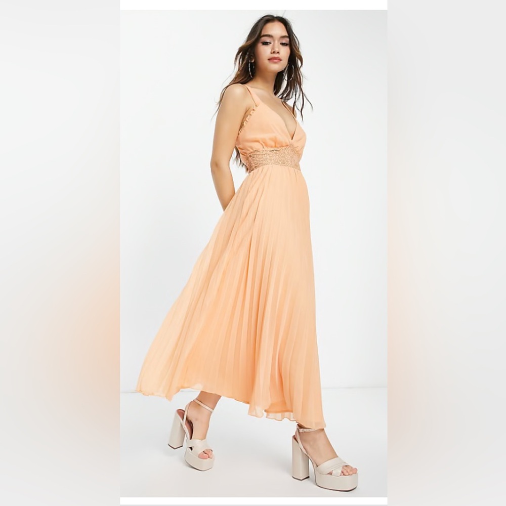 ASOS DESIGN lace pleated midi dress in peach